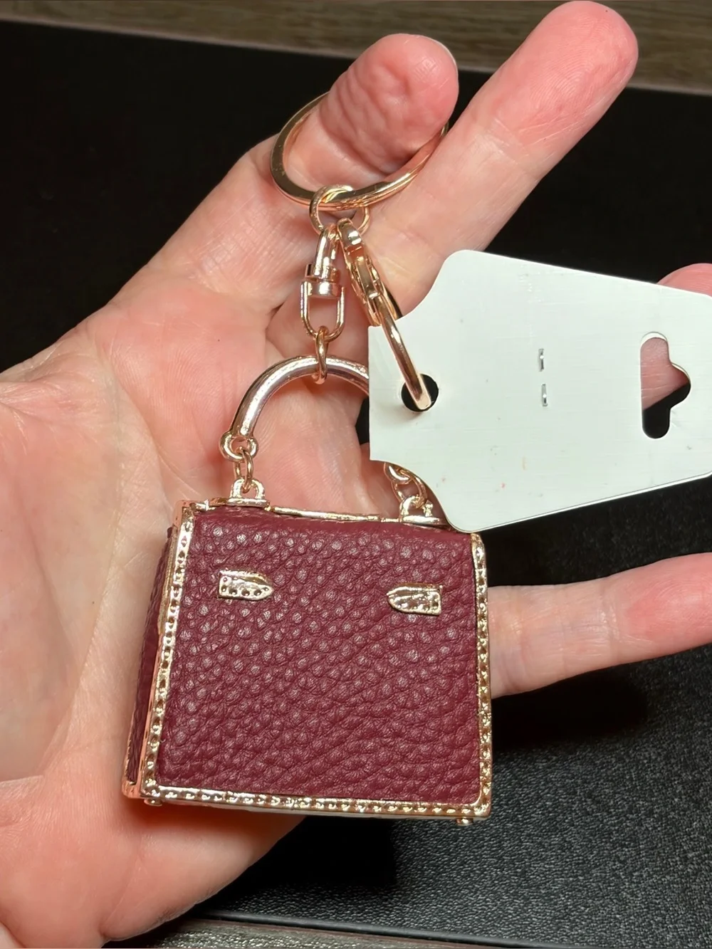 Burgundy Mini Handbag Keychain with Gold Crystal Accents